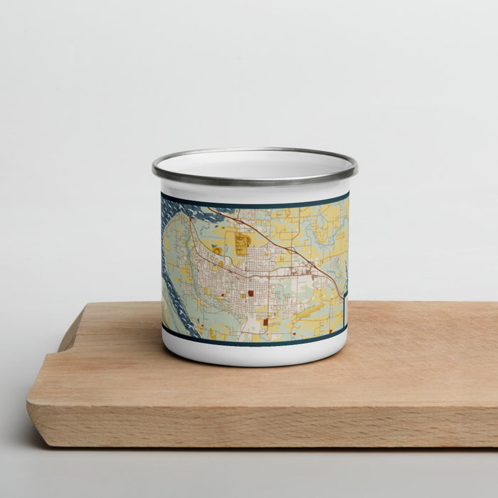 Front View Custom Russellville Arkansas Map Enamel Mug in Woodblock on Cutting Board