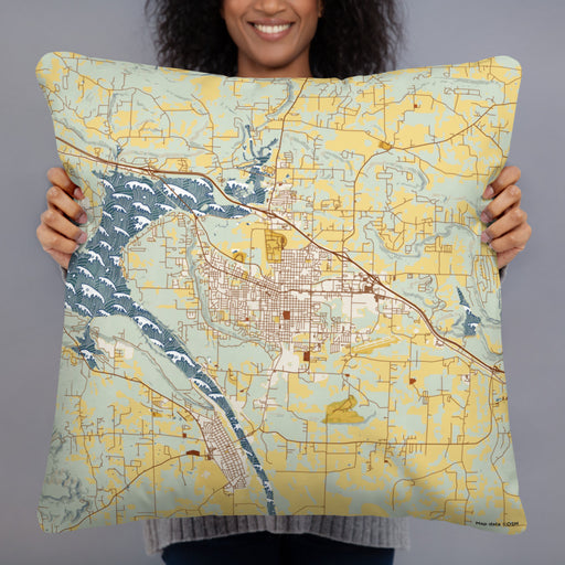 Person holding 22x22 Custom Russellville Arkansas Map Throw Pillow in Woodblock