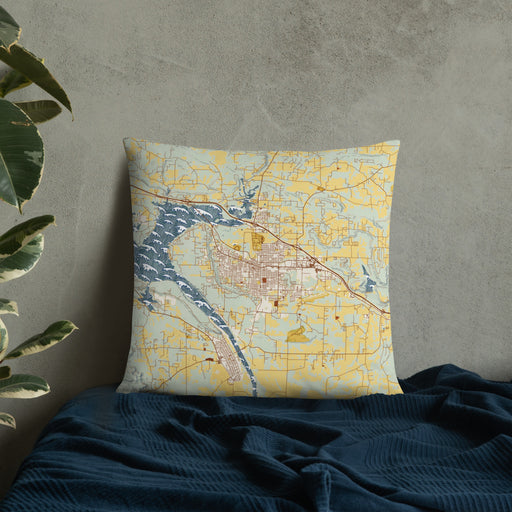 Custom Russellville Arkansas Map Throw Pillow in Woodblock on Bedding Against Wall