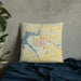 Custom Russellville Arkansas Map Throw Pillow in Woodblock on Bedding Against Wall