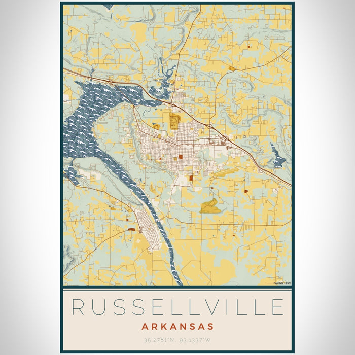 Russellville Arkansas Map Print Portrait Orientation in Woodblock Style With Shaded Background
