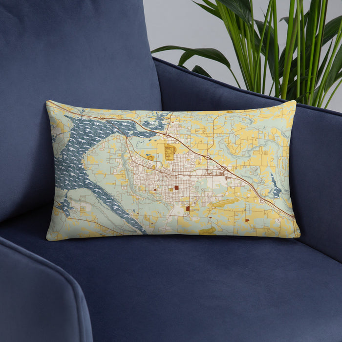 Custom Russellville Arkansas Map Throw Pillow in Woodblock on Blue Colored Chair