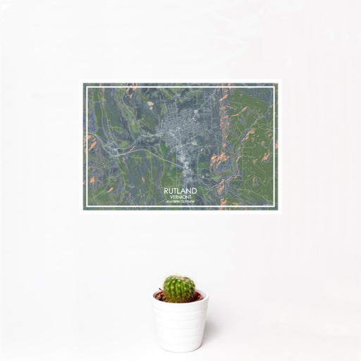 12x18 Rutland Vermont Map Print Landscape Orientation in Afternoon Style With Small Cactus Plant in White Planter