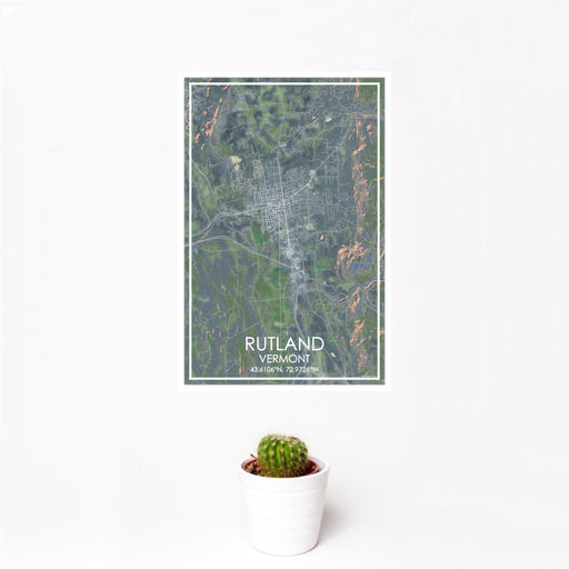 12x18 Rutland Vermont Map Print Portrait Orientation in Afternoon Style With Small Cactus Plant in White Planter