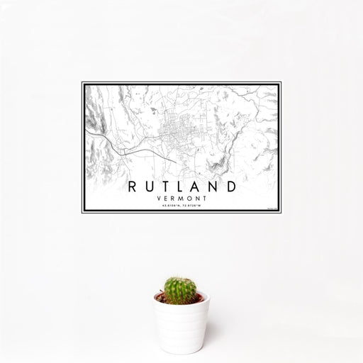 12x18 Rutland Vermont Map Print Landscape Orientation in Classic Style With Small Cactus Plant in White Planter