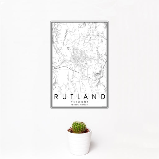 12x18 Rutland Vermont Map Print Portrait Orientation in Classic Style With Small Cactus Plant in White Planter