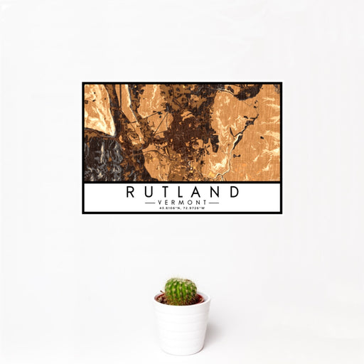 12x18 Rutland Vermont Map Print Landscape Orientation in Ember Style With Small Cactus Plant in White Planter