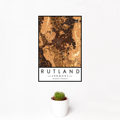 12x18 Rutland Vermont Map Print Portrait Orientation in Ember Style With Small Cactus Plant in White Planter