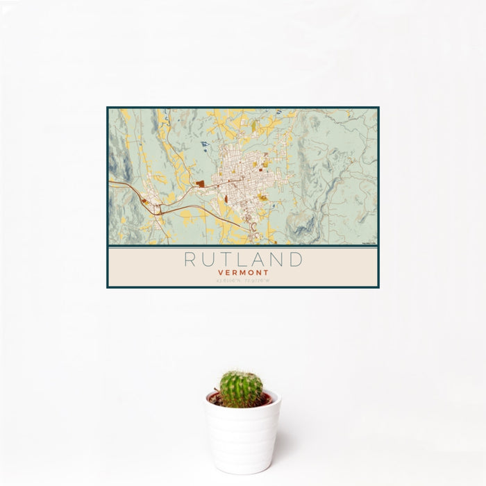 12x18 Rutland Vermont Map Print Landscape Orientation in Woodblock Style With Small Cactus Plant in White Planter