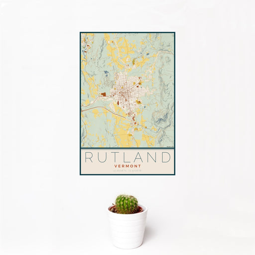 12x18 Rutland Vermont Map Print Portrait Orientation in Woodblock Style With Small Cactus Plant in White Planter
