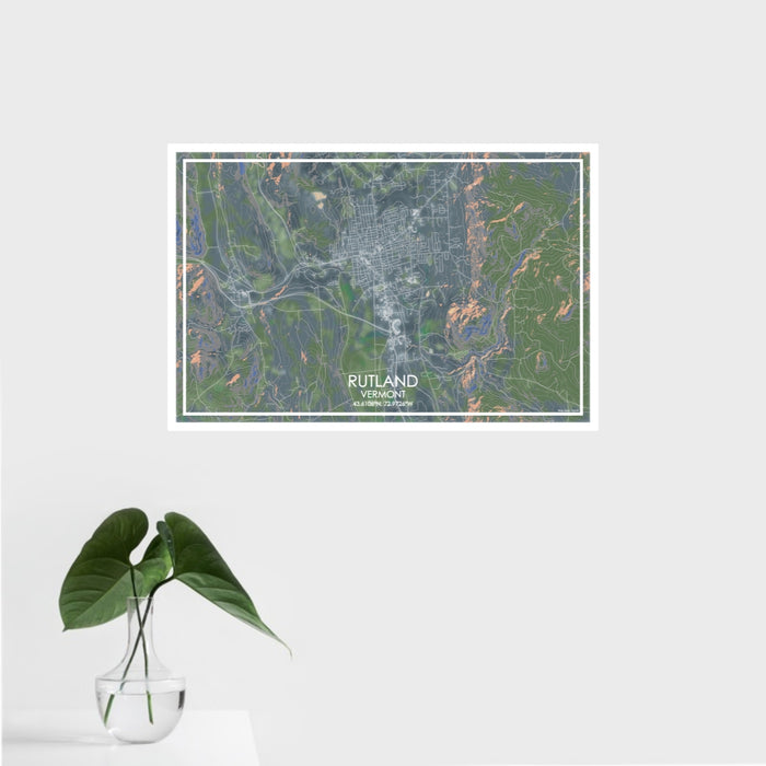 16x24 Rutland Vermont Map Print Landscape Orientation in Afternoon Style With Tropical Plant Leaves in Water
