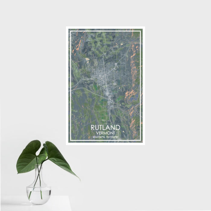 16x24 Rutland Vermont Map Print Portrait Orientation in Afternoon Style With Tropical Plant Leaves in Water