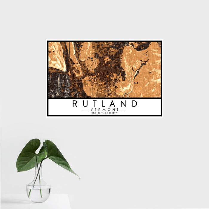 16x24 Rutland Vermont Map Print Landscape Orientation in Ember Style With Tropical Plant Leaves in Water