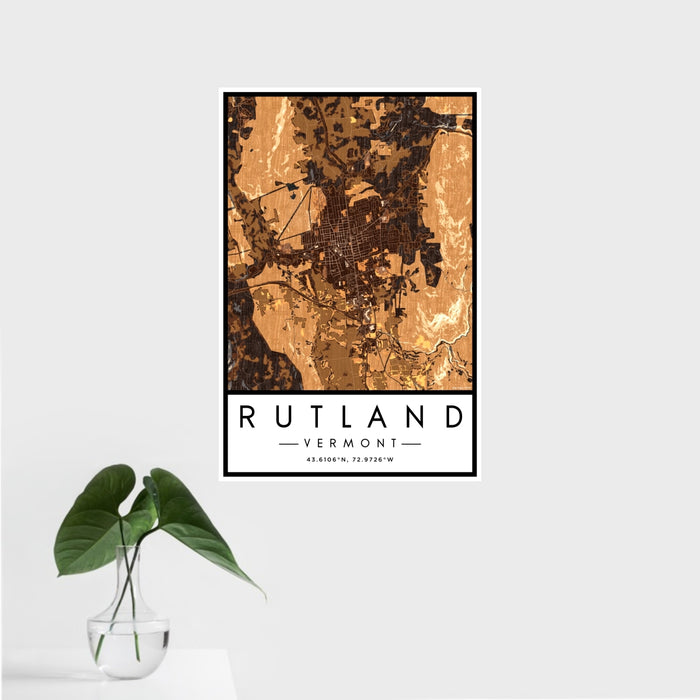 16x24 Rutland Vermont Map Print Portrait Orientation in Ember Style With Tropical Plant Leaves in Water