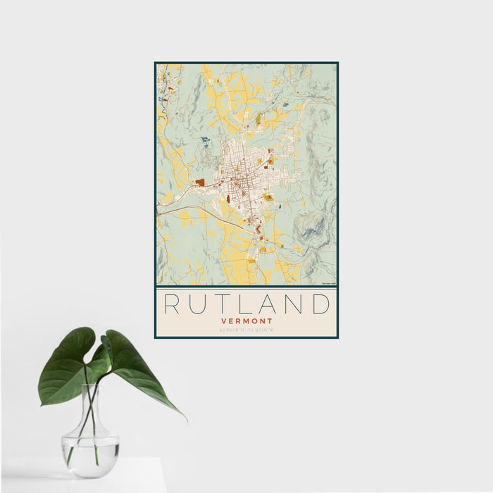 16x24 Rutland Vermont Map Print Portrait Orientation in Woodblock Style With Tropical Plant Leaves in Water