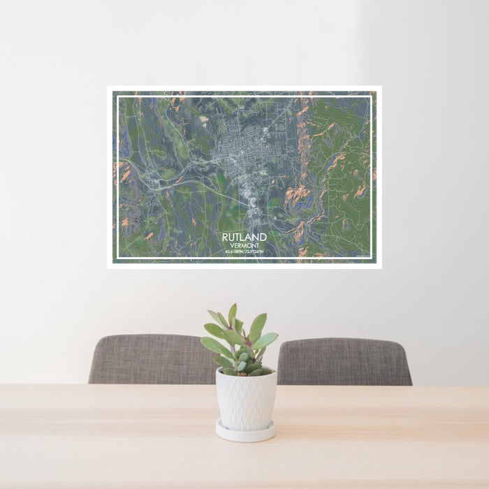 24x36 Rutland Vermont Map Print Lanscape Orientation in Afternoon Style Behind 2 Chairs Table and Potted Plant