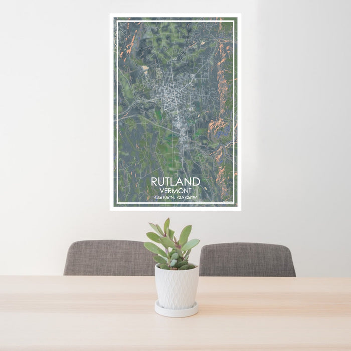 24x36 Rutland Vermont Map Print Portrait Orientation in Afternoon Style Behind 2 Chairs Table and Potted Plant