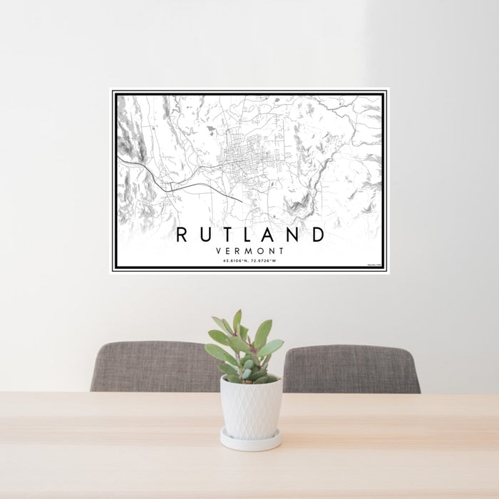 24x36 Rutland Vermont Map Print Lanscape Orientation in Classic Style Behind 2 Chairs Table and Potted Plant