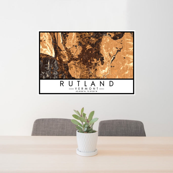 24x36 Rutland Vermont Map Print Lanscape Orientation in Ember Style Behind 2 Chairs Table and Potted Plant