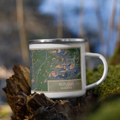 Right View Custom Rutland Vermont Map Enamel Mug in Afternoon on Grass With Trees in Background