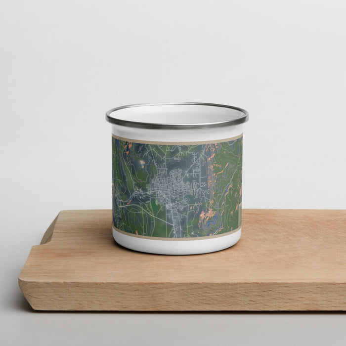 Front View Custom Rutland Vermont Map Enamel Mug in Afternoon on Cutting Board