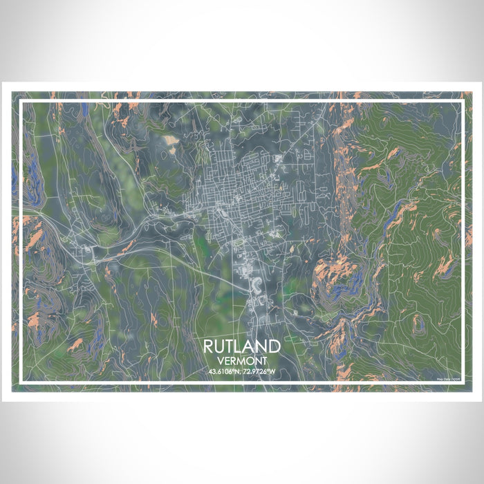 Rutland Vermont Map Print Landscape Orientation in Afternoon Style With Shaded Background