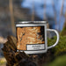 Right View Custom Rutland Vermont Map Enamel Mug in Ember on Grass With Trees in Background