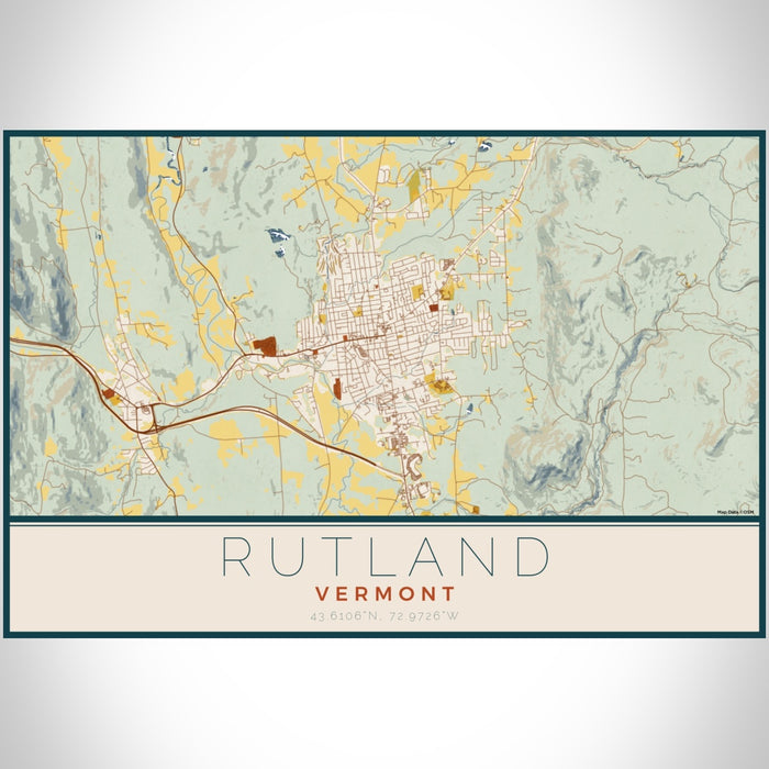 Rutland Vermont Map Print Landscape Orientation in Woodblock Style With Shaded Background