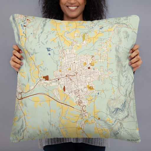 Person holding 22x22 Custom Rutland Vermont Map Throw Pillow in Woodblock