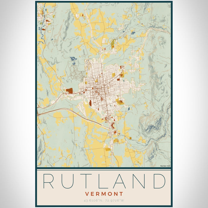 Rutland Vermont Map Print Portrait Orientation in Woodblock Style With Shaded Background