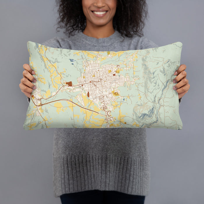 Person holding 20x12 Custom Rutland Vermont Map Throw Pillow in Woodblock
