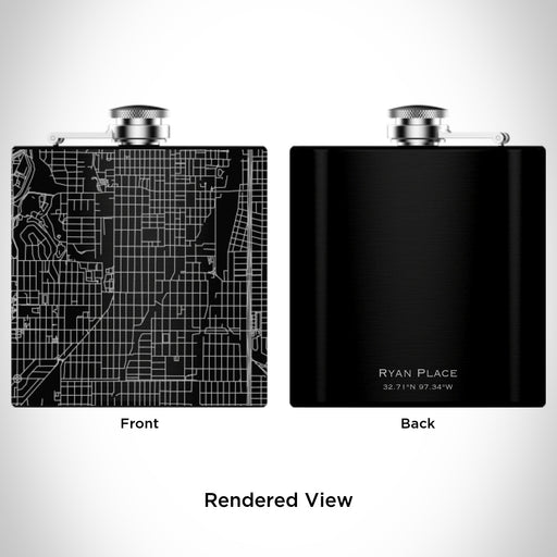 Rendered View of Ryan Place Fort Worth Map Engraving on 6oz Stainless Steel Flask in Black