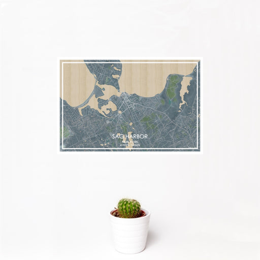 12x18 Sag Harbor New York Map Print Landscape Orientation in Afternoon Style With Small Cactus Plant in White Planter