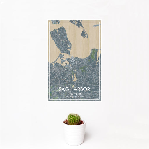 12x18 Sag Harbor New York Map Print Portrait Orientation in Afternoon Style With Small Cactus Plant in White Planter