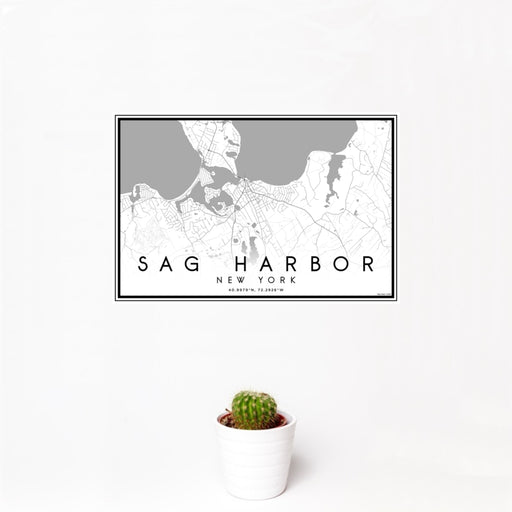 12x18 Sag Harbor New York Map Print Landscape Orientation in Classic Style With Small Cactus Plant in White Planter