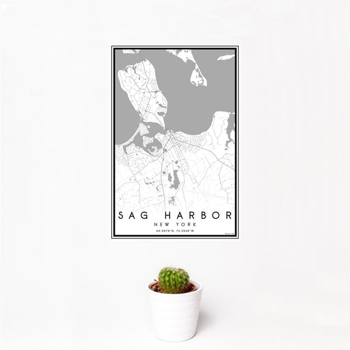 12x18 Sag Harbor New York Map Print Portrait Orientation in Classic Style With Small Cactus Plant in White Planter