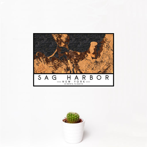 12x18 Sag Harbor New York Map Print Landscape Orientation in Ember Style With Small Cactus Plant in White Planter