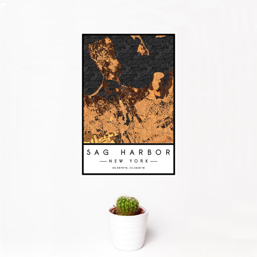 12x18 Sag Harbor New York Map Print Portrait Orientation in Ember Style With Small Cactus Plant in White Planter