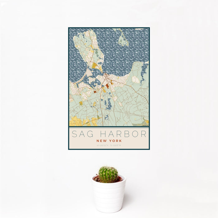 12x18 Sag Harbor New York Map Print Portrait Orientation in Woodblock Style With Small Cactus Plant in White Planter