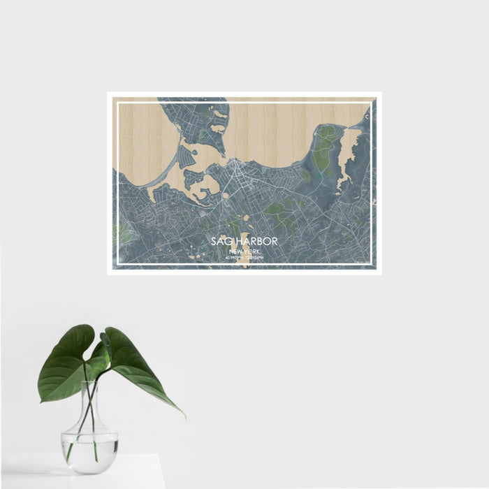 16x24 Sag Harbor New York Map Print Landscape Orientation in Afternoon Style With Tropical Plant Leaves in Water