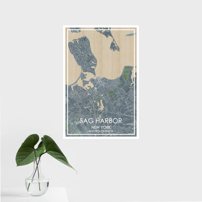 16x24 Sag Harbor New York Map Print Portrait Orientation in Afternoon Style With Tropical Plant Leaves in Water