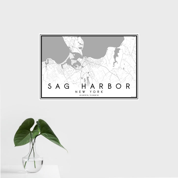 16x24 Sag Harbor New York Map Print Landscape Orientation in Classic Style With Tropical Plant Leaves in Water