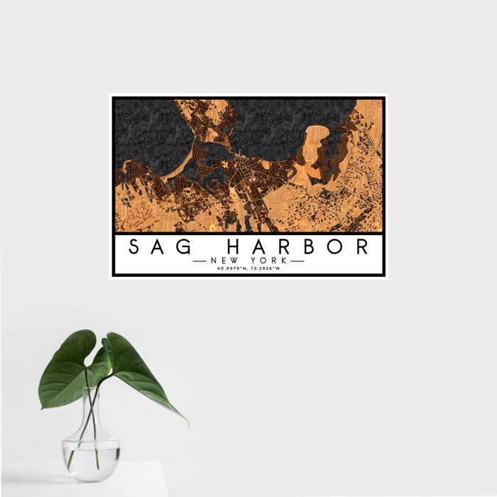 16x24 Sag Harbor New York Map Print Landscape Orientation in Ember Style With Tropical Plant Leaves in Water