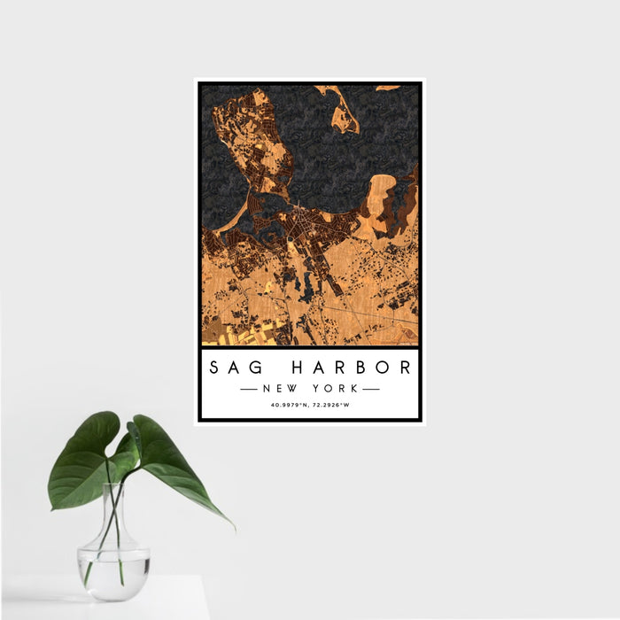 16x24 Sag Harbor New York Map Print Portrait Orientation in Ember Style With Tropical Plant Leaves in Water