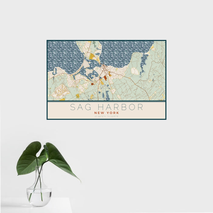 16x24 Sag Harbor New York Map Print Landscape Orientation in Woodblock Style With Tropical Plant Leaves in Water