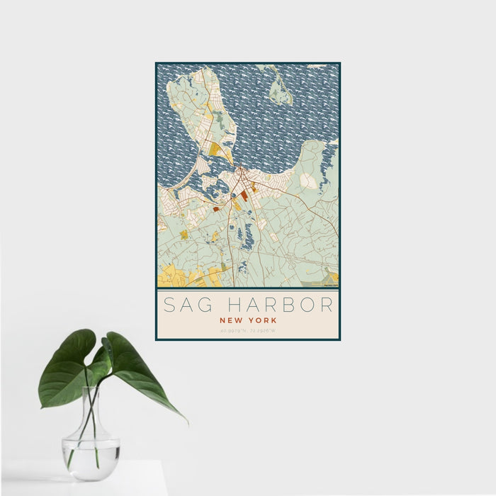 16x24 Sag Harbor New York Map Print Portrait Orientation in Woodblock Style With Tropical Plant Leaves in Water