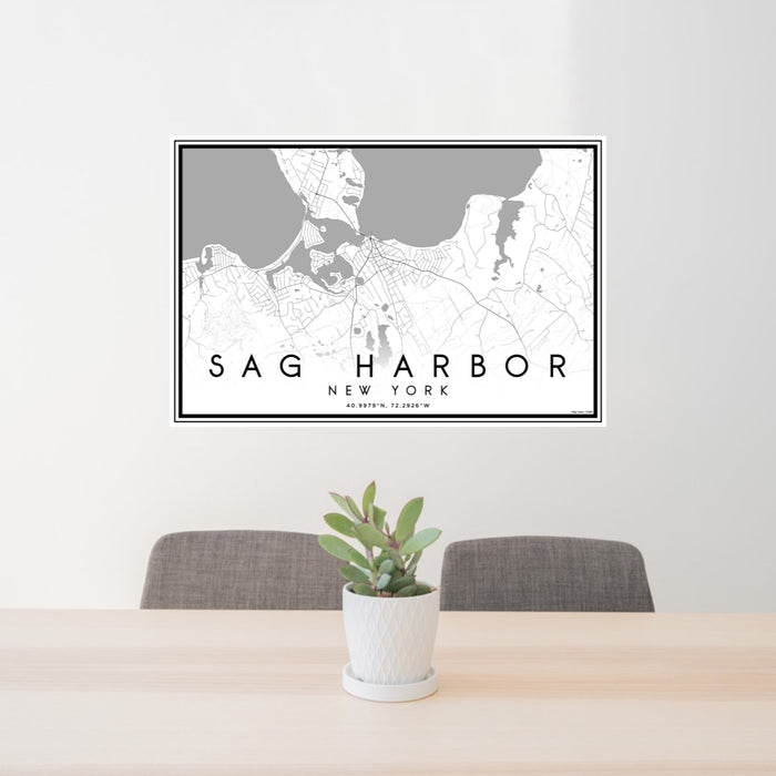 24x36 Sag Harbor New York Map Print Lanscape Orientation in Classic Style Behind 2 Chairs Table and Potted Plant