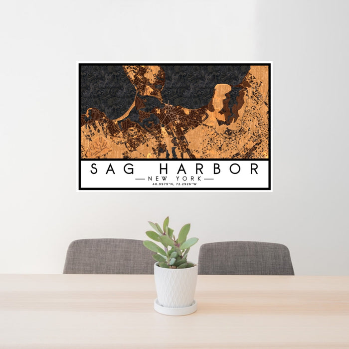 24x36 Sag Harbor New York Map Print Lanscape Orientation in Ember Style Behind 2 Chairs Table and Potted Plant