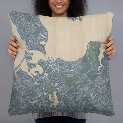 Person holding 22x22 Custom Sag Harbor New York Map Throw Pillow in Afternoon