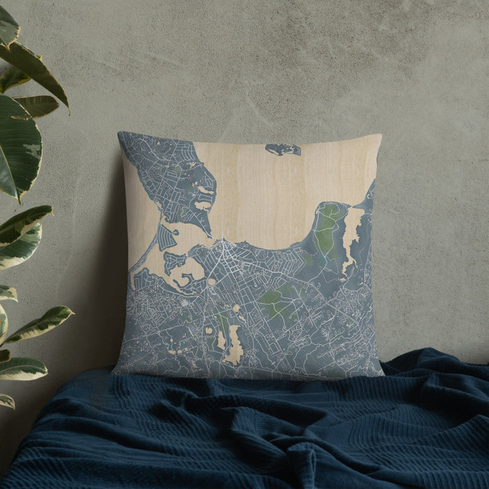 Custom Sag Harbor New York Map Throw Pillow in Afternoon on Bedding Against Wall